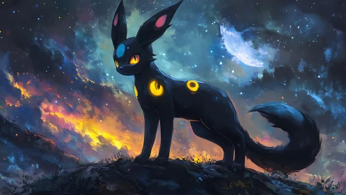 Celestial creature stands on rocky ridge beneath luminous sky