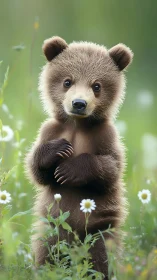 Young brown bear stands upright in shallow meadow vegetation