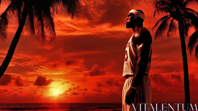 Sunset basketball hero standing strong by the sea.