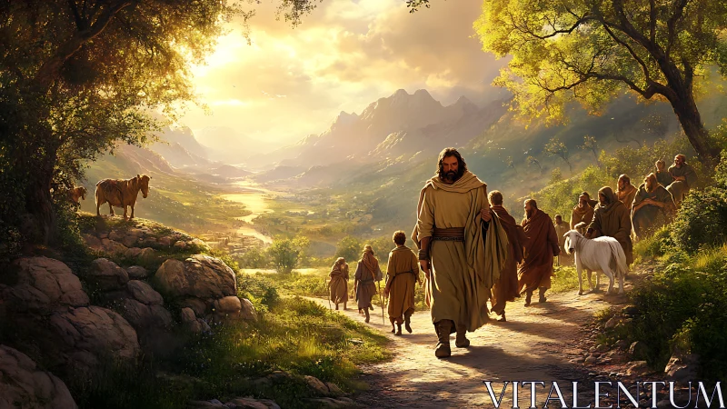 Sunlit shepherd teacher guiding travelers through green valley.