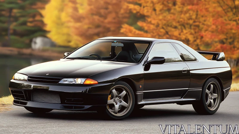 Glossy black sports coupe parked by vivid autumn foliage.