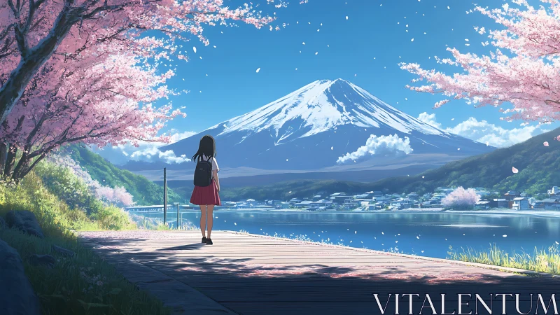 Schoolgirl by lakeside path facing Mount Fuji in spring.