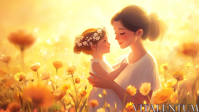 Sunlit mother and child embrace in golden flower field.