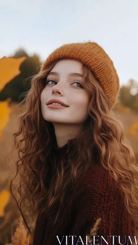 Photorealistic autumn portrait with soft bokeh field environment.