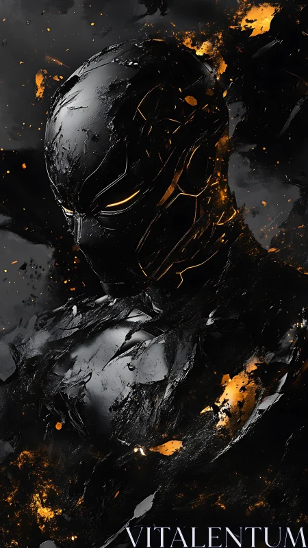 Armored obsidian warrior rendered in molten ember-splashed digital abstraction