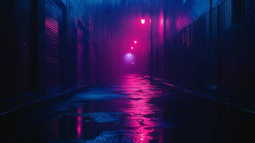 Neon alleyway glows under rain with vivid magenta reflections.