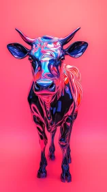 Neon chrome cow sculpture on vivid gradient pink backdrop.