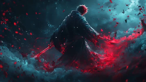 Lone crimson swordsman in storm of burning petals and mist.