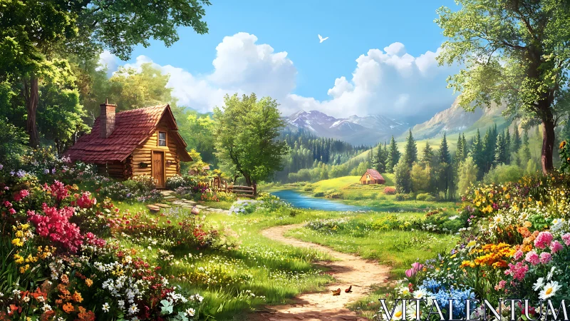 Rural river landscape with cabins, flowers, and mountains.