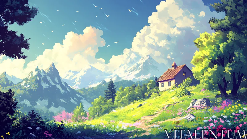 Mountain meadow cottage under luminous spring sky.