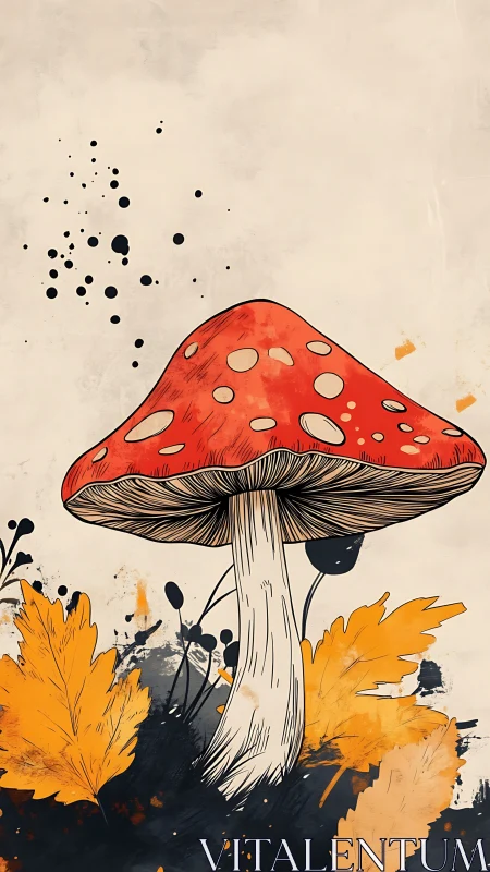 Ink-outlined red toadstool amid abstract autumn foliage.