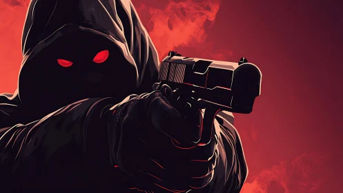 Hooded gunman silhouette with glowing eyes in red haze.