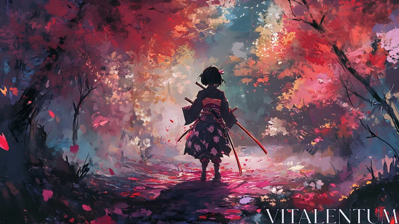 Young wanderer in glowing autumn forest of soft magic.