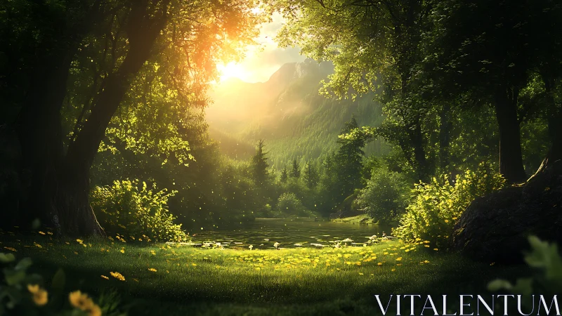 Forest river valley framed by tree canopy with golden light.