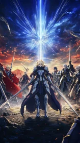 Armored swordsmen unite under radiant sky energy burst.