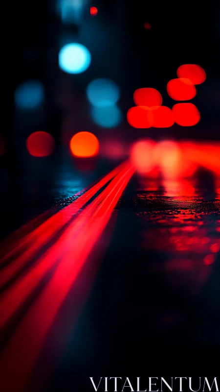 Neon red light trails slice through wet midnight asphalt.