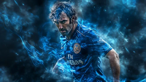 Dynamic footballer rendered in blue energy smoke with high contrast
