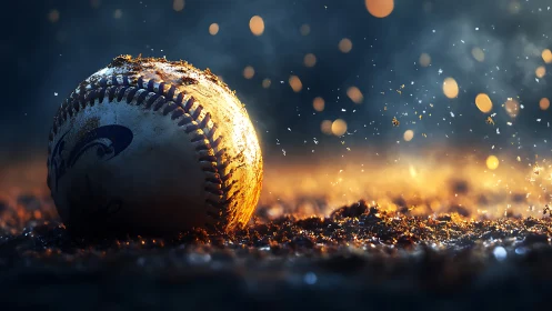 Weathered baseball rests in glowing dirt as sparks rise.