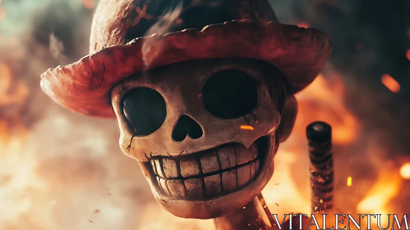 Grinning skull in a red hat smiles through swirling embers