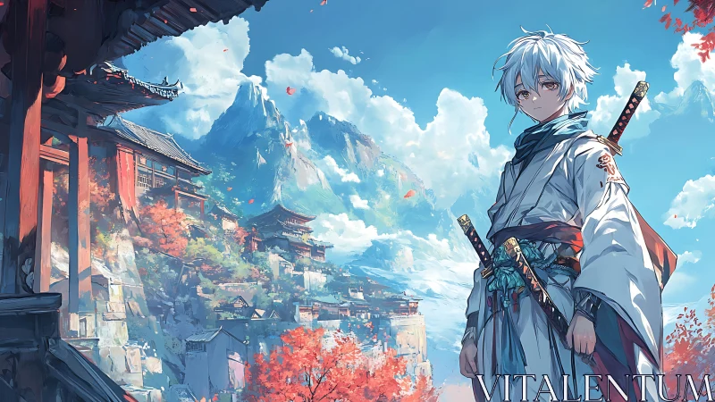 White-haired swordsman stands before tiered mountain temples