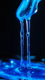 Close-up view of viscous blue liquid strands under light.