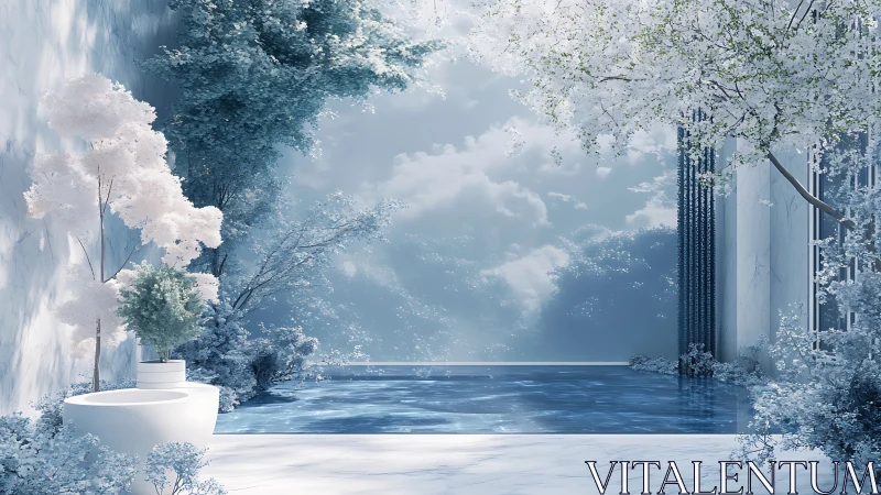 Minimalist marble terrace with reflective pool and frosted trees