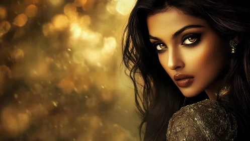 Golden glamour portrait of woman with intense gaze.