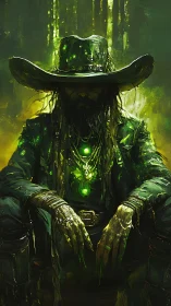 Neon witcher gunslinger broods under a radioactive dusk glow