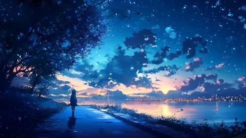 Solitary figure by riverside under starry twilight sky.