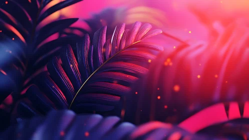 Neon tropical leaves glow under vibrant magenta sunset light