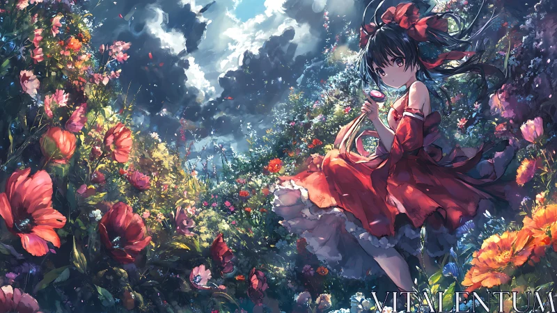 Garden daydream with a girl in red amid wild blossoms.
