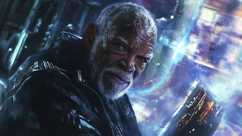 Elder tactician in refracted neon vortex, cybernetic resolve.