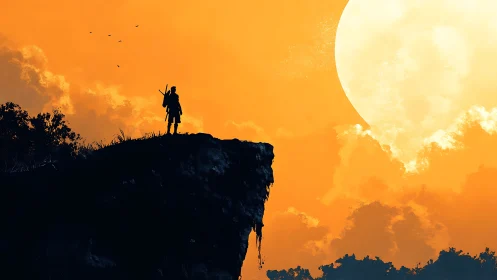 Lone cliff wanderer drinking in a colossal molten sunset.