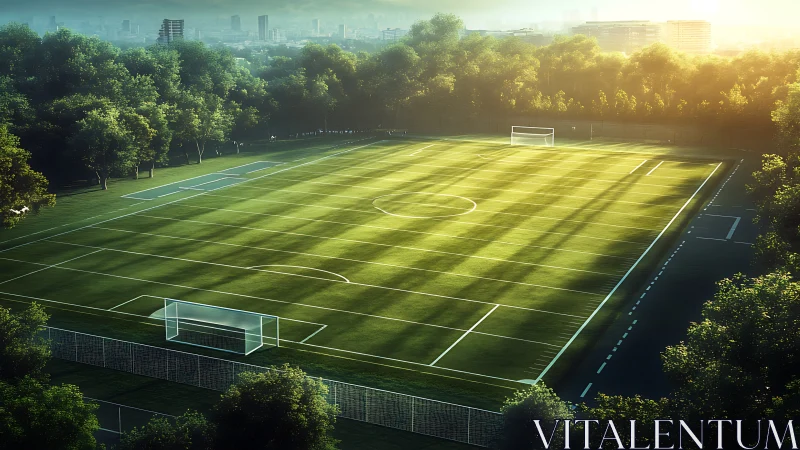 Empty football pitch is surrounded by trees near distant city