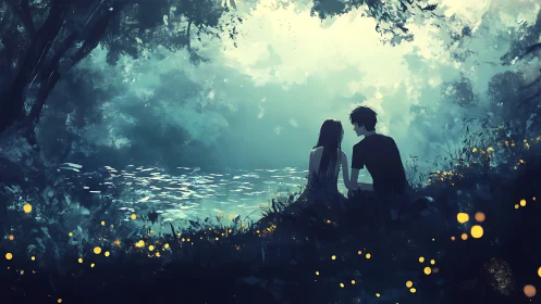 Couple sitting by glowing lakeside in twilight forest