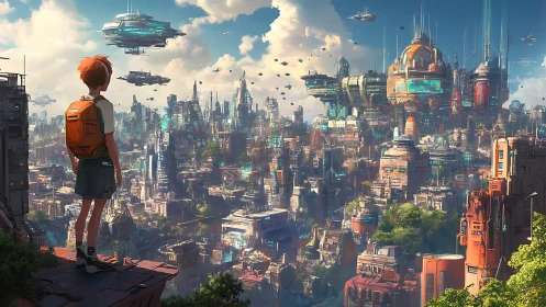 Young dreamer gazing over a vibrant floating future city.