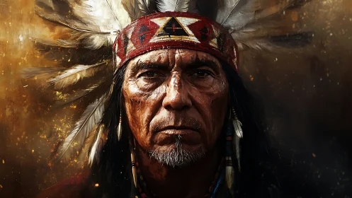 High-fidelity digital portrait of feathered headdress elder.