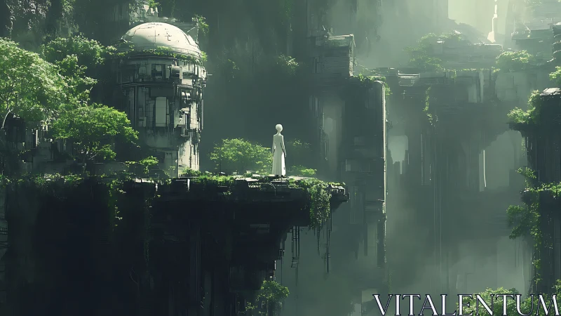 Solitary wanderer pauses above mist-wrapped techno-ruins