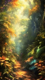 Luminescent Canopy Portal: Volumetric Light Through Tropical Foliage.