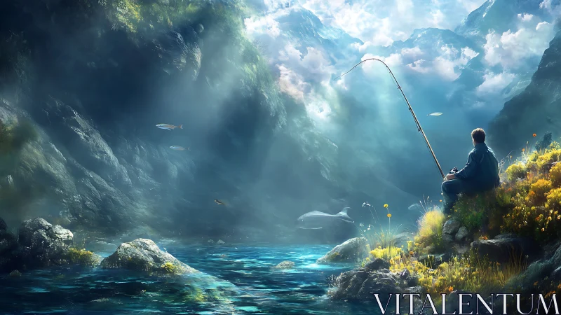 Solitude fisherman under sky-split mountains and lucid river.