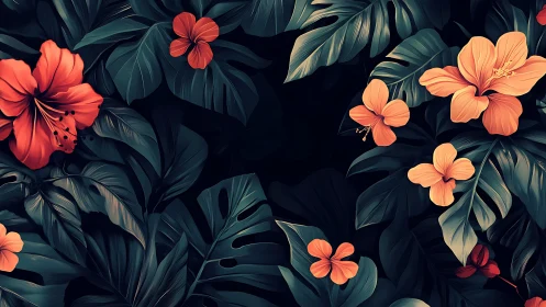 Tropical Hibiscus Floral Composition Dark Background