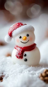 Cute snowman figurine in red hat on soft winter snow.