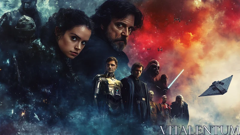 Epic sci fi character collage with space battle backdrop.