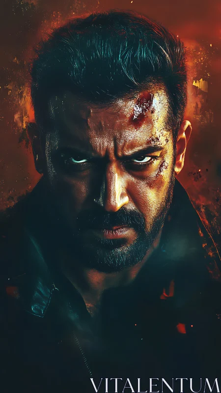 Intense male portrait with bruises and fiery background.