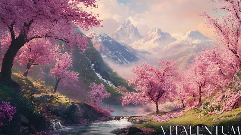 Blossoming mountain valley glowing in gentle spring light.