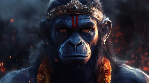 3D mythic simian warrior portrait with ember-lit ambience.