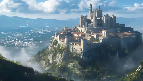 Epic cliffside citadel in atmospheric fantasy landscape painting.