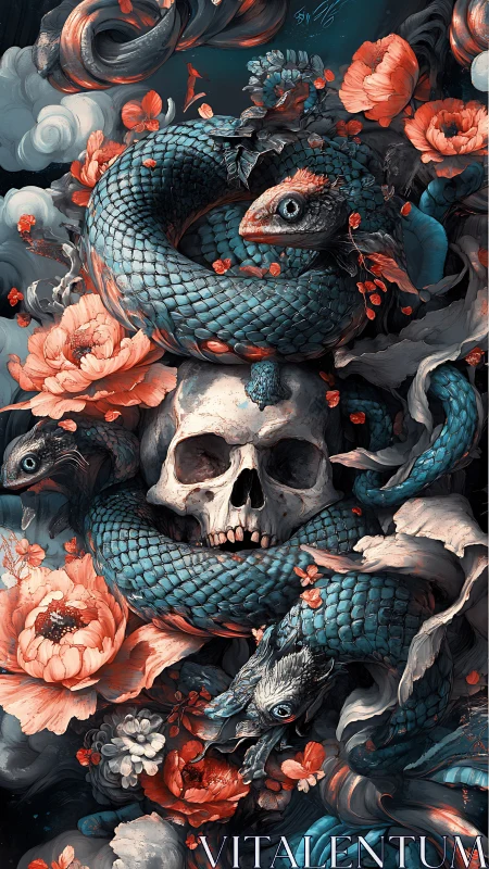 Serpentine bloom cradles a skull between twilight blossoms