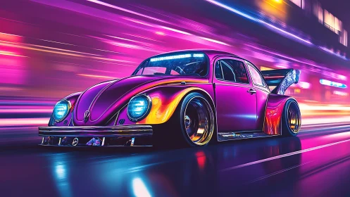 Modified vintage coupe in neon urban motion blur scene.