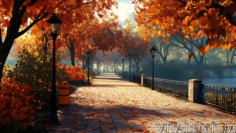 Sunlit riverside path under vivid autumn foliage glow.